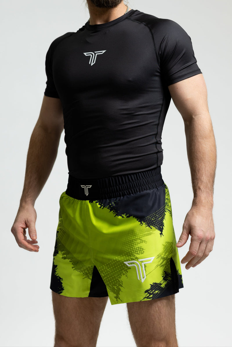 Acid Green Kaos Camo Pro Fight Kit (5 & 7” Pro Fight Short & Rashguard Bundle)
