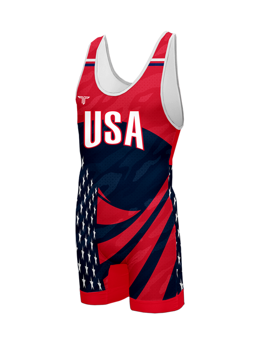 Youth USA Waving Flag Wrestling Singlet - Red